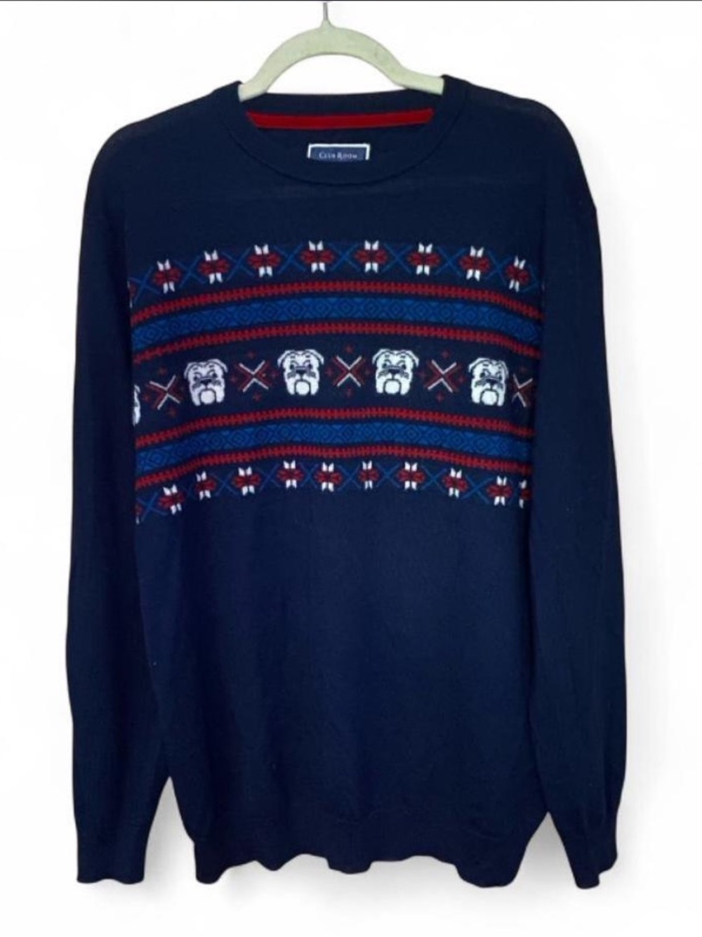 NWOT Club Room Navy Mariano Wool Crewneck Sweater Red White Bulldogs Fair Isle